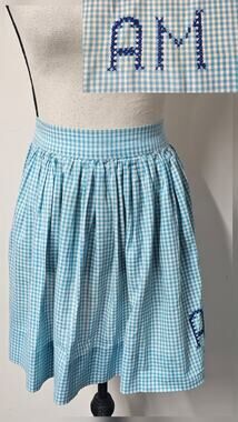 Vtg 50s Half Apron Gingham Plaid Blue Embroidered AM Cross Stitch Cottagecore